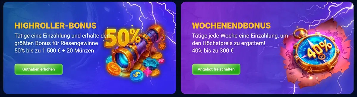 Two German casino promo banners showing a highroller bonus of 50% up to €1,500 plus 20 coins, and a weekend bonus of 40% up to €300, each with a green call-to-action button on bright blue and purple backgrounds.