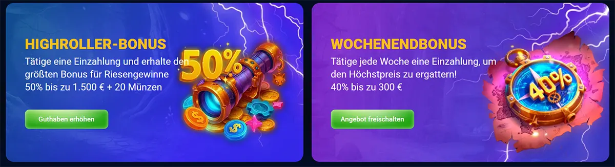 Two German casino promo banners showing a highroller bonus of 50% up to €1,500 plus 20 coins, and a weekend bonus of 40% up to €300, each with a green call-to-action button on bright blue and purple backgrounds.