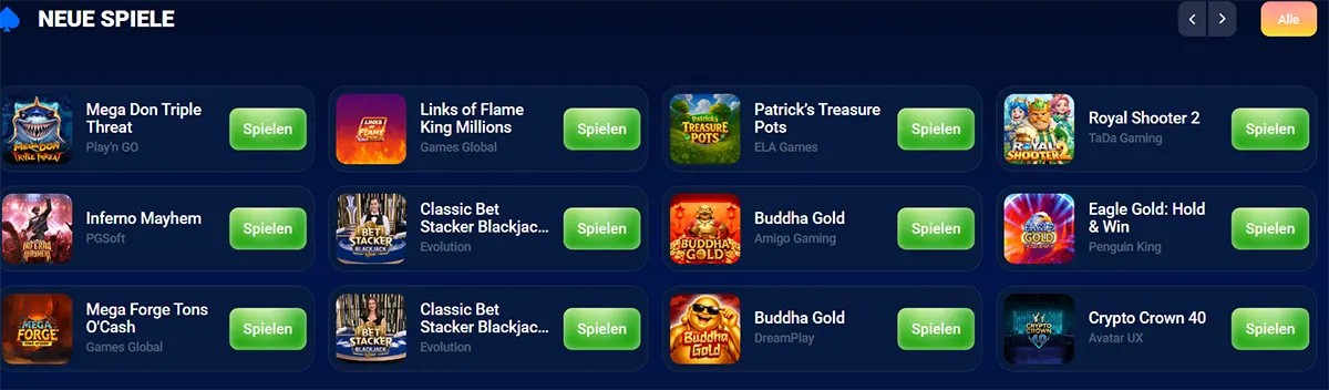 German casino new games section showing titles like Mega Don Triple Threat, Links of Flame King Millions, Patrick’s Treasure Pots, Royal Shooter 2, Inferno Mayhem, Classic Bet Stacker Blackjack, Buddha Gold, Eagle Gold: Hold & Win, and Crypto Crown 40, each with green “Spielen” buttons on a dark blue interface.