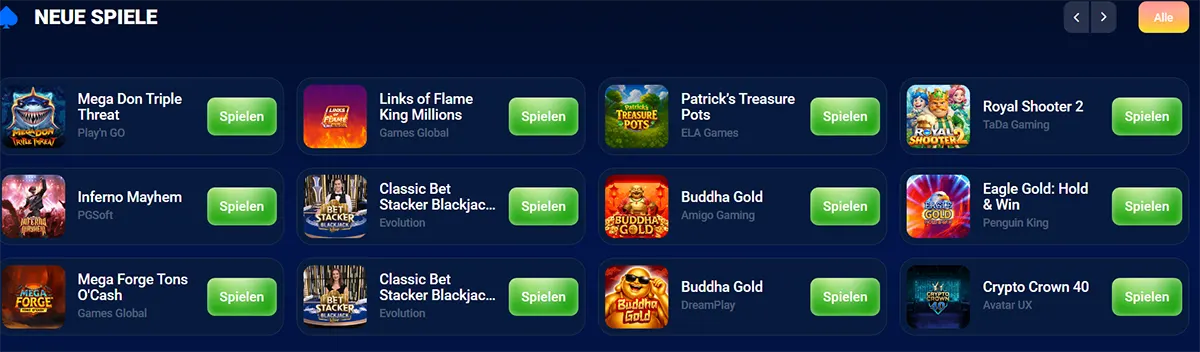 German casino new games section showing titles like Mega Don Triple Threat, Links of Flame King Millions, Patrick’s Treasure Pots, Royal Shooter 2, Inferno Mayhem, Classic Bet Stacker Blackjack, Buddha Gold, Eagle Gold: Hold & Win, and Crypto Crown 40, each with green “Spielen” buttons on a dark blue interface.